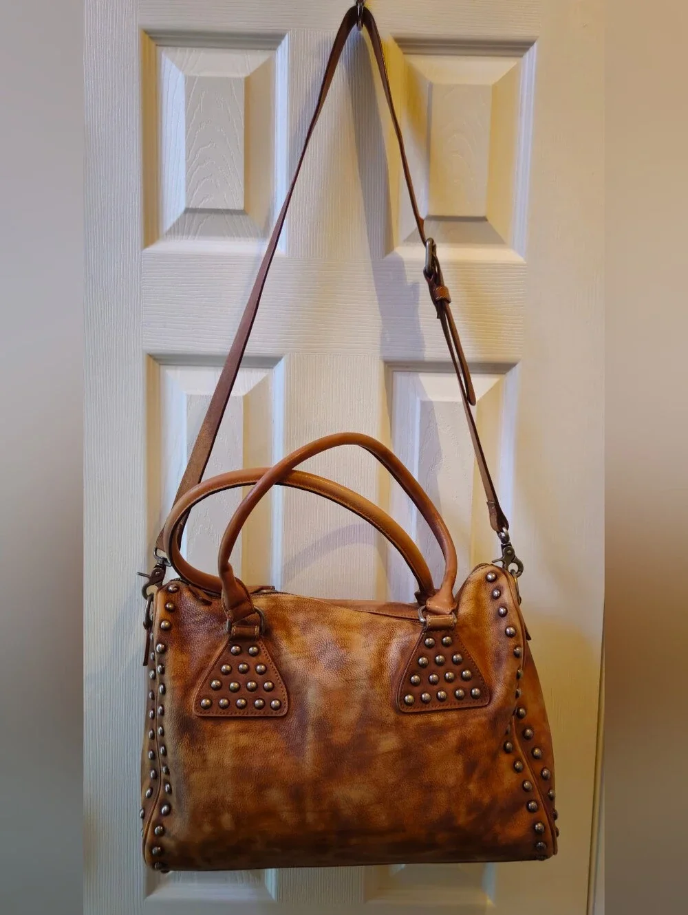 Unbranded Studded Tan Distressed Faux Leather Satchel Handbag w/Crossbody Strap